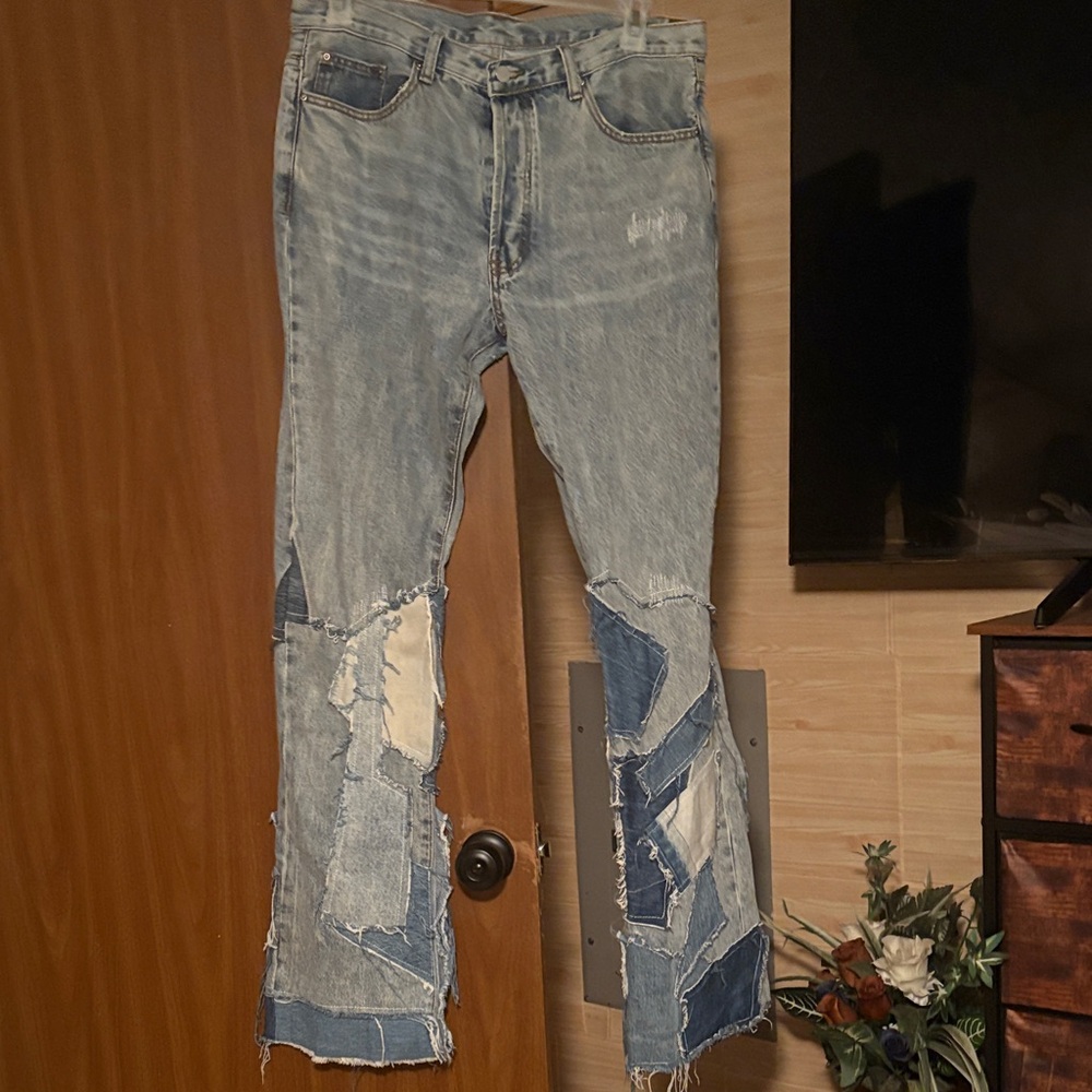 MNML Light Blue Patchwork Flare Jeans